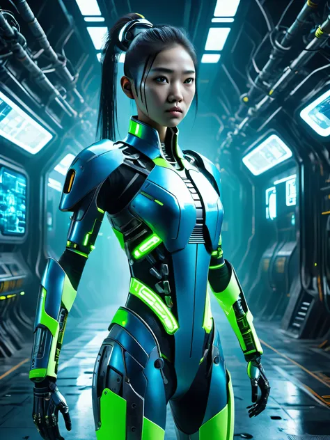 （Best quality，4K，8K，Tall structures，tmasterpiece：1.2），hyper-detailing，（realistically，photoreali，photoreali：1.37），1 young asian cute girl, white top bun hairstyle, cyber punk personage，cyborg and human hybrid, perfect face，perfect body, full body view, neon...