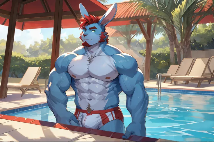 ((best quality)), ((masterpiece)), (detailed), perfect face, bara furry, rabbit man, big body, light blue skin, short quiff red hair, green eyes, perfect eyes, big rabbit ears, handsome, at pool, white underwear
