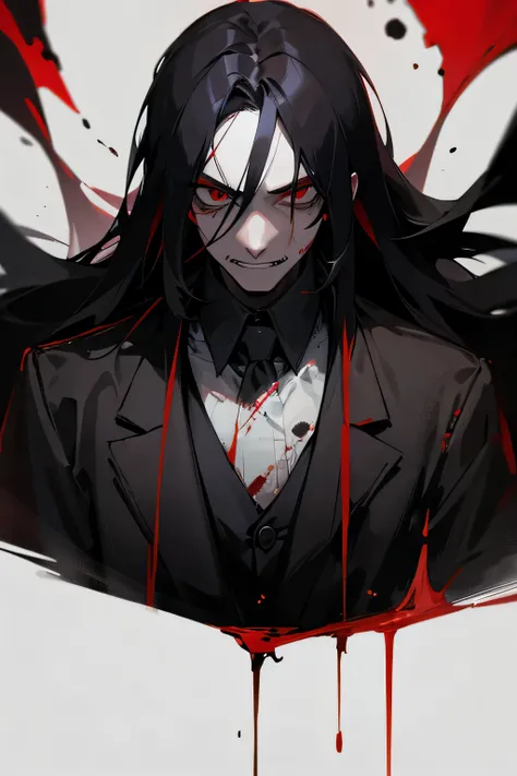 Male in his 30s, red eyes, unpleasant look, black long hair, A creepy smile, gloomy mood, masterpiece, popularity, Fierce eyes, blood stains, assassin