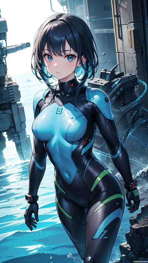 8k, best quality, (lifelike:1.4), original photo, 1 girl, nautolan hair, vibroblade, aquatic combat suit, posture: defending und...