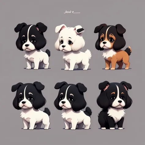 Four Dog of the same size on Jean Julien style, simple sketch-style, minimalistic, four poses and expressions (Dog is sad), thick and cute limbs, minimal detail and movement, black and white, basic lines, simplistic and abstract