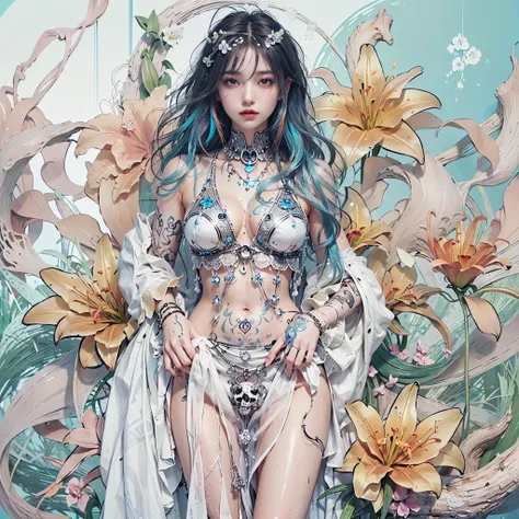 ((One, 1 girl, tattoos, glowing tattoos, brilliant, white-fluffy 16+), (skull, Flowers), (black transparent dress-clothing)), (sexual, erotic)) _((Delicate scarlet lips), (straight black hair - long, basic moments, blue, cascade), (multi-colored brilliant ...