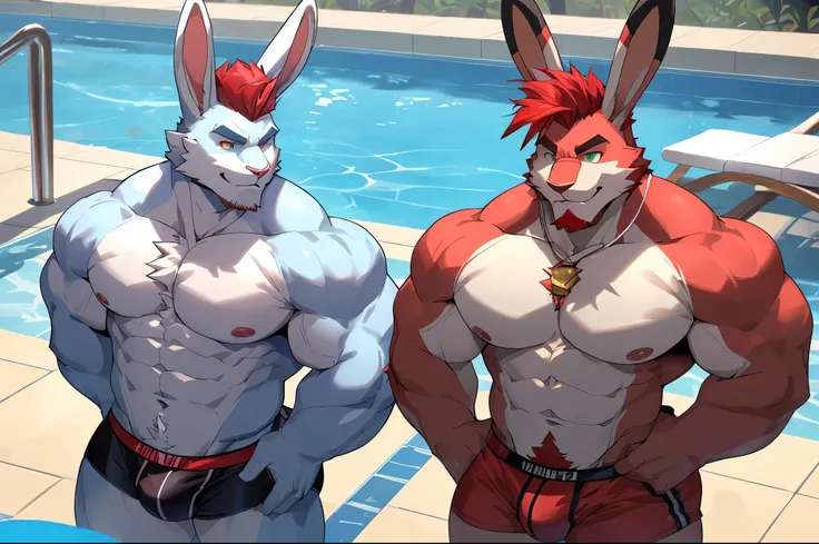 (perfect face, bara furry, rabbit man, big body, light blue skin, short quiff red hair, green eyes, perfect eyes, big rabbit ears, handsome, underwear) at pool with (perfect face, bara furry, rabbit man, big body, white skin, short quiff red hair, red eyes...