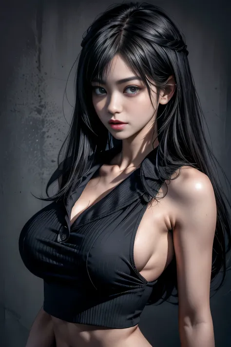 sfw, a japoneses in highschool uniform. 18 yr. oid, Black wet Hair. Survivor Horror (Fatal Frame). Shes a big . Imagem Escura. Olhos com maquiagem em tom cereja., wearing bra,((skinny waist)), young asian girl, ((big breasted)),