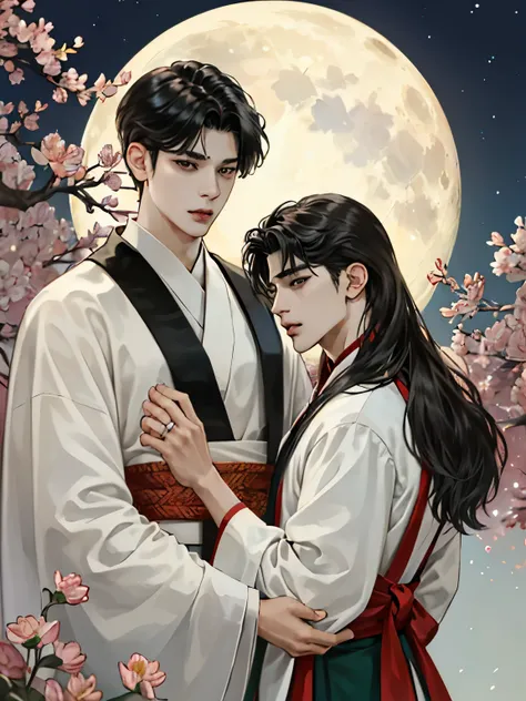 Two men (jungkook of bts and taehyungof bts)...., Attractive, Lovers, finely detailed eyes and detailed face, long-haired, Fantasy, Spectacular background, Flapping flowers, moon light, Wear traditional Hanfu, Fantasy.