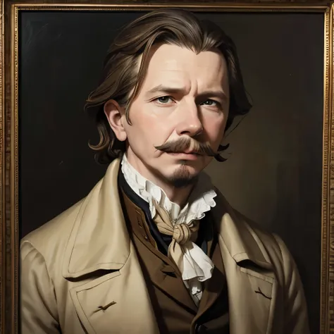 18th century american man, 18th century oil painting portrait, Young gary oldman, colonial american Young man, Moustache, oil painting filter, beige coat, cravat