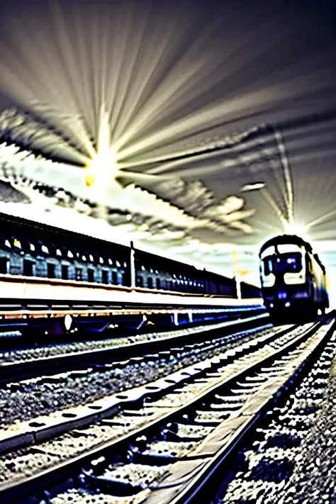 black, white, running train on the rail, fortress, big wall, the colorless sun in the sky