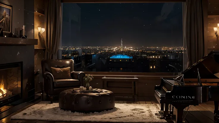 arafed view of a living room with a piano and a city view, a matte painting inspired by Evgeny Lushpin, cg society contest winner, digital art, cozy atmospheric, with wood burning fireplace luxurious environment, snowy evening, fancy apartment, cozy enviro...