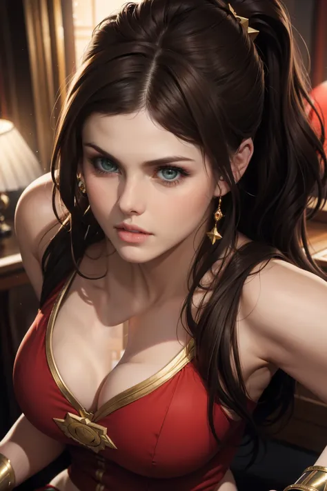 alexandra daddario as a beautiful female superheroine , green eyes brown hair, ponytail, red crop shirt, with a golden star, wea...