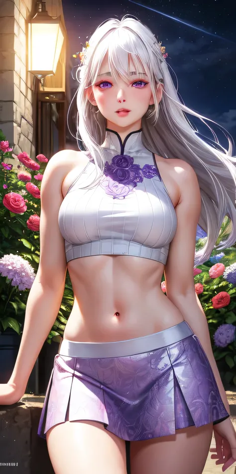 realistic, 1girl, white hair, purple eyes, glowing eyes, crop top, skirt, parted lips, blush, night, flowers, sun, sunlight,