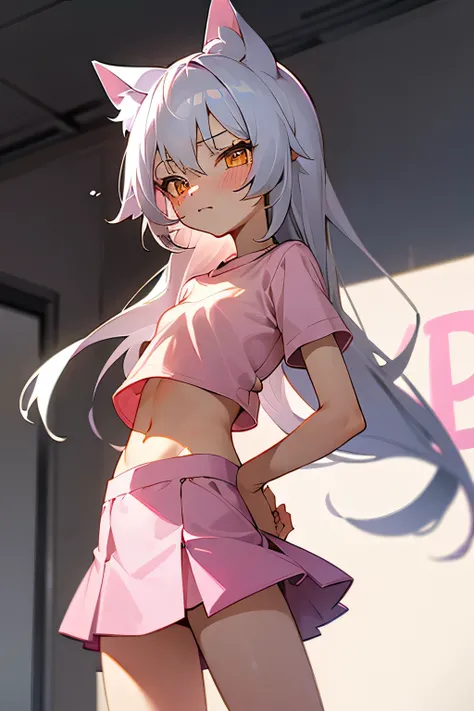 1girl, silver hair, golden eyes with pupils, ((skinny)), ((petite)), small, ((neko)), (cropped solid pastel pink tshirt), long hair, short skirt, (((kid))), cat ears, happy, blush, midriff, at school