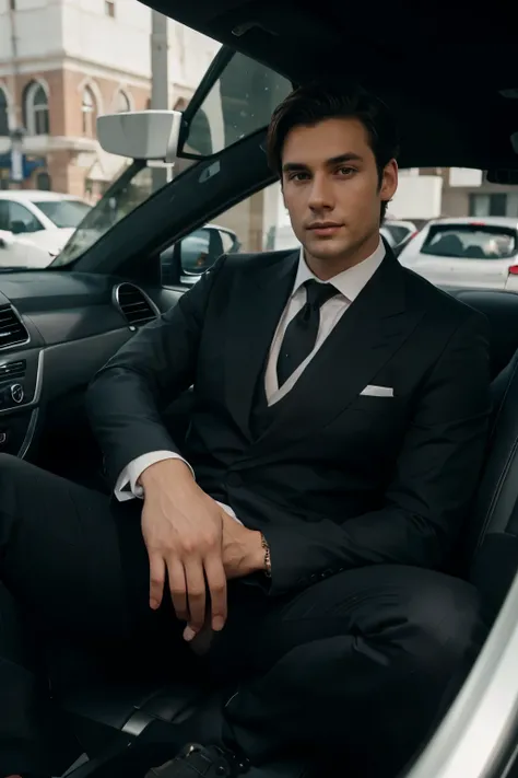 Elegant man sitting in the seat of a supercar, young man, Wearing a suit with the crotch showing his cock draped upwards., Realistic picture, Dark hair, no beard