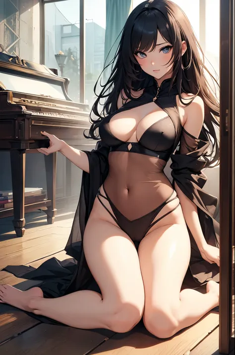 a sexy woman, (best quality), (masterpiece), (1girl), slim, anime, tall, (lay down), (flat chested), (see through clothes), (full body view)
