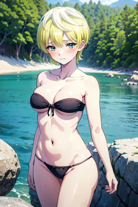 ((masterpiece:1.3, highly detailed:1.3, highres:1.1, best quality, HD, full image)),((tenka izumo, short hair, blue eyes, blonde hair,detailed eyes, thick body, closer look, poitrait)),((beach, sea, sand, trees, rocks)),((big breasts, red Bandeaukini, teen...