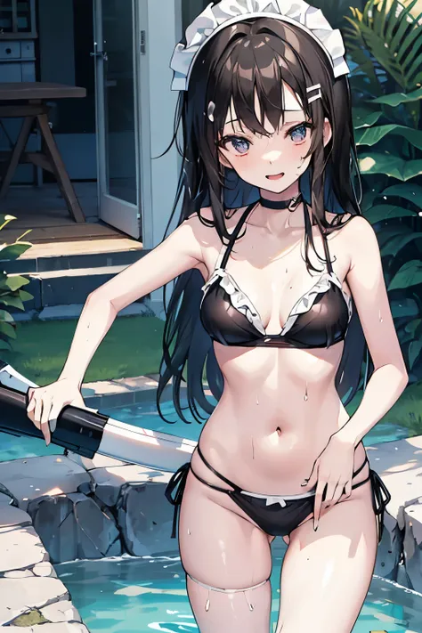 Anime girl, young adult, short, A-cup, messy brunette hair, bikini maid, flat-chested, slim and skinny, Long hair. Black bikini, Wet white t-shirt, see through, navel see through, maid bikini outfit. arms up, laughing