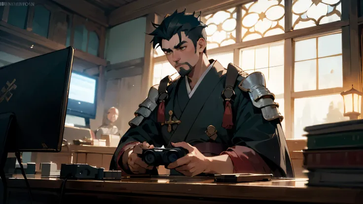 photograph of a 22 year old samurai man, con tetas, sentado, frente al computador, jugando videojuegos,sentado, fondo de pantalla, el fondo sea una taberna, estilo medieval, inquisicion