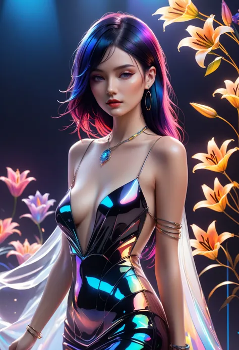 ((One, 1 girl, tattoos, glowing tattoos, brilliant, white-fluffy 16+), (skull, Flowers), (black transparent dress-clothing)), (sexual, erotic)) _((Delicate scarlet lips), (straight black hair - long, basic moments, blue, cascade), (multi-colored brilliant ...