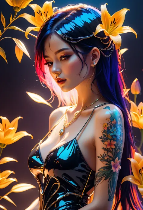 ((One, 1 girl, tattoos, glowing tattoos, brilliant, white-fluffy 16+), (skull, Flowers), (black transparent dress-clothing)), (sexual, erotic)) _((Delicate scarlet lips), (straight black hair - long, basic moments, blue, cascade), (multi-colored brilliant ...