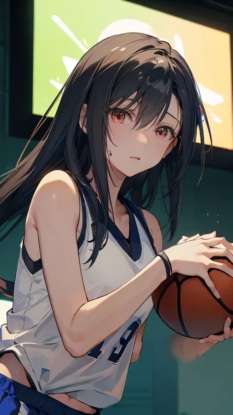 (((Best quality, 8k, Masterpiece: 1.3)), ((best quality)), ((masterpiece)), (detailed), perfect face, Professional basketball player, shooting 3-point shot, shiny sweat, black hair