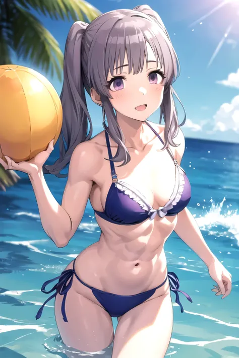 yukoku kiriko, shiny colors, masterpiece, face close up, (abs:1.1), bikini, twintail, detailed face, muscular, abdominal, slender