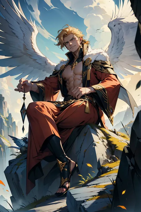 A masculine figure of a greedy angel perched arrogantly on a craggy wall, his wings folded behind him. His golden feathers shimmered in the ethereal light, revealing intricate designs that spoke of his otherworldly beauty. His piercing gaze bore down upon ...