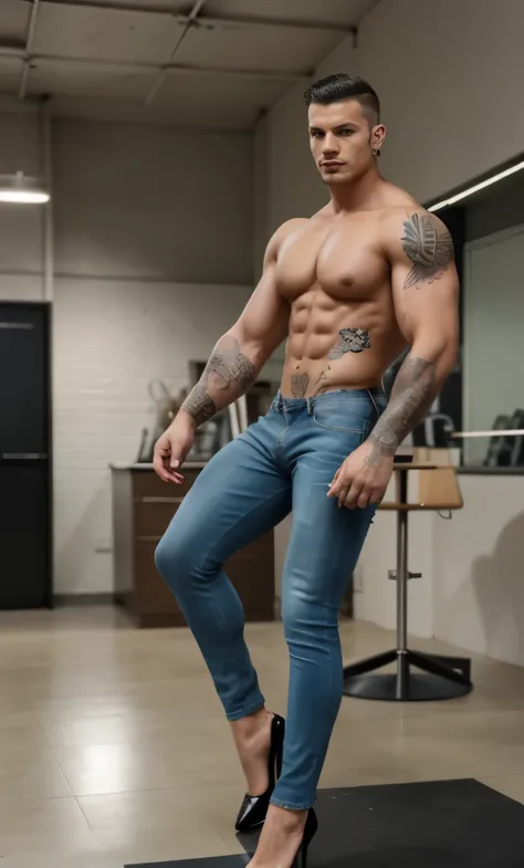 A muscular  hunk man with very short hair, tight jeans, high stiletto pumps heels, earrings, bra ,tattoos,nylons