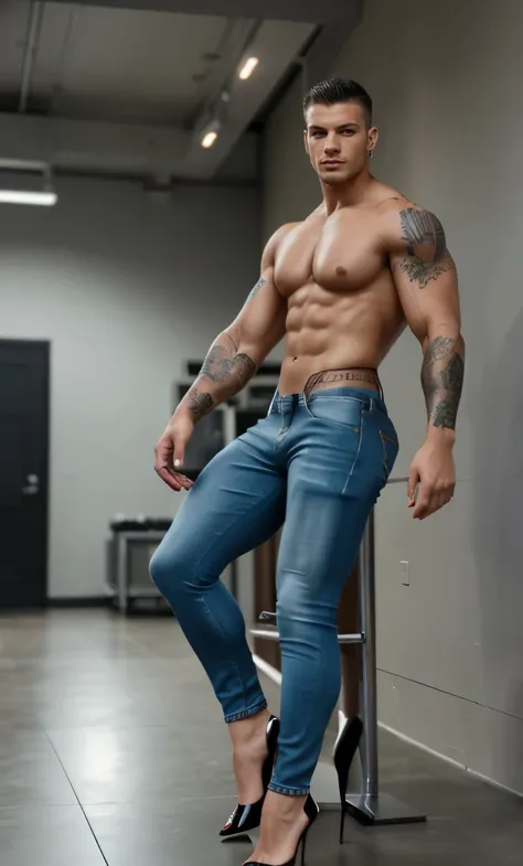 A muscular  hunk man with very short hair, tight jeans, high stiletto pumps heels, earrings, bra ,tattoos,nylons