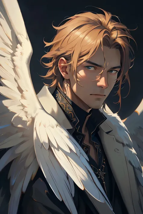 (best quality,ultra-detailed,realistic,portrait:1.2),greedy angel,male character,perched on a wall,disdainful expression,detailed wings,vibrant colors,dark background,dramatic lighting,classic oil painting