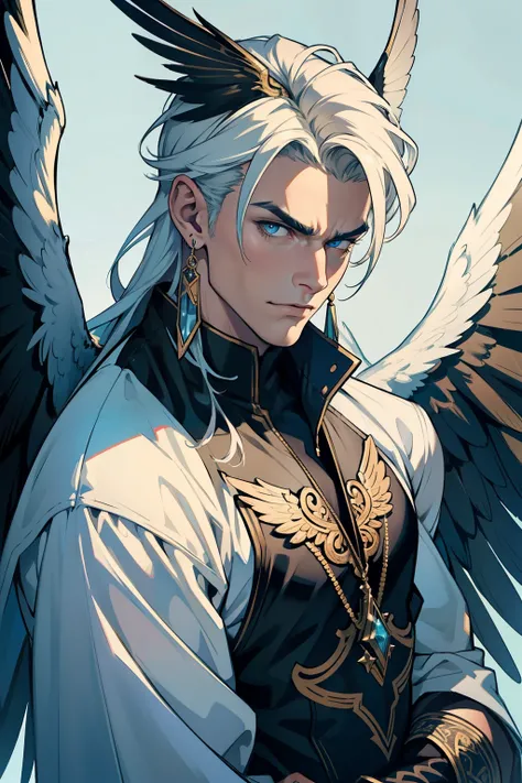 Best quality portrait of a male character, ultra-detailed and realistic, featuring a greedy angel perched on a wall with a disdainful expression. His wings, intricately detailed and adorned with vibrant colors, spread out behind him. The background is dark...