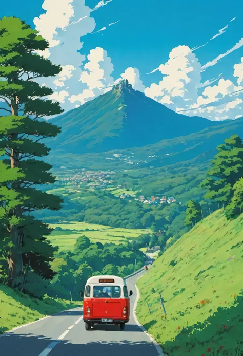 (minimalism:1.4), red minibus on the road, studio ghibli art, miyazaki, blue sky and white clouds on a meadow, blue mountains ah...