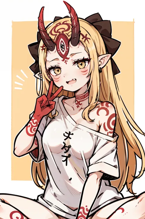 1girl, solo, (ibaraki_douji), blonde, yellow eyes, oni_horns, pointy ears, t-shirt, white shirt, (oversized shirt:1.2), bottomless, bare shoulder, off shoulder, small breasts, forehead, ((red_hands)), (peace_sign), arm behind back, straight hair, large smi...