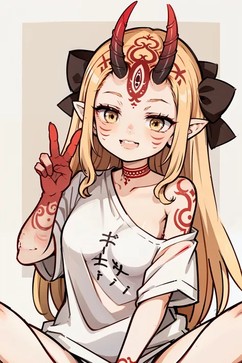 1girl, solo, (ibaraki_douji), blonde, yellow eyes, oni_horns, pointy ears, t-shirt, white shirt, (oversized shirt:1.2), bottomle...