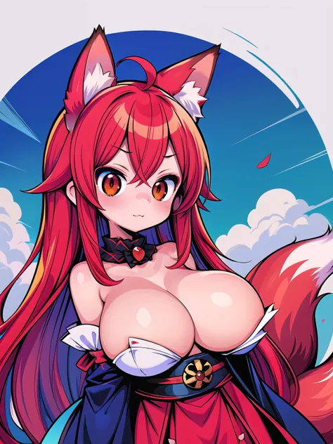 (kemonomimi fox girl:1.2), (red hair red ears blue costume:1.2), (huge breasts), (pixiv masterpiece:1.2), (ahoge:1.3), (japanese priestess miko clothing:1.0)