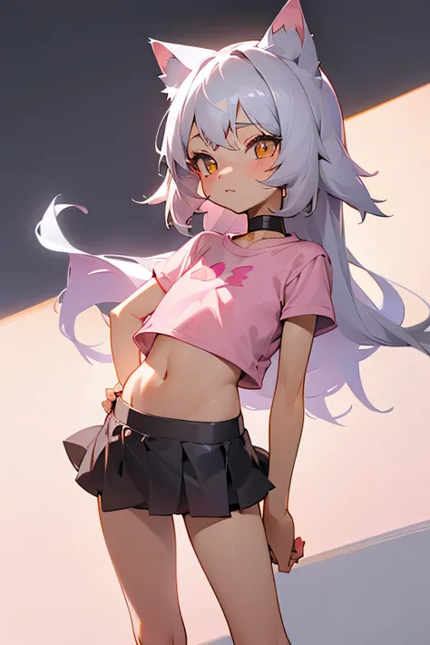 1girl, silver hair, golden eyes with pupils, ((skinny)), ((petite)), short,  small, ((neko)), (cropped solid pastel pink tshirt), long hair, short skirt, (((kid))), cat ears, happy, blush, flat chest, midriff, at school, hand on tummy