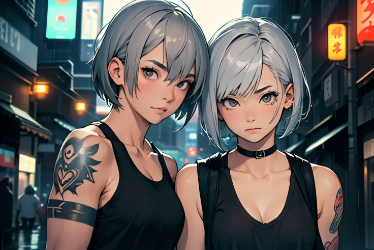 portrait, 2 girls, Japanese、30 years old、beautiful face, asymmetrical hair, gray hair, Tank top、tattoo, ,, black eyes, Hip vents, open jacket, cute, look at the audience, City of night, neon, Rainy,short bob cut、Upper body、Villain、muscle