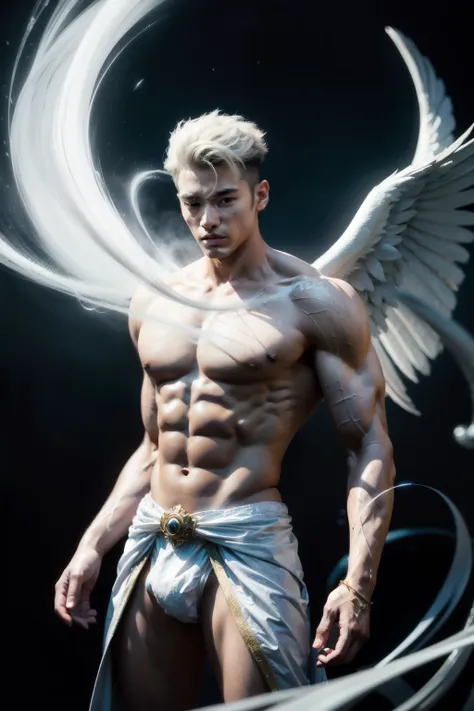 a legendary young angel, asian male model, muscular, handsome, shirtless, double eyelids, big light areola, short hair, heaty white skin, blessed with the spirit of the White Bengal Tiger. This celestial being manifests as a mighty and imposing figure, rad...