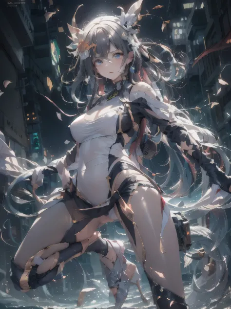 best image quality、movie lighting、octane rendering、ultra sharp、1 girl、Japanese、embarrassed face、shiny skin、brown hair、Futuristic Pilot Suit、cleavage、exposure of the abdomen、intricate details、Runaway、run at full speed、Glass Breaking、Flying glass fragments、c...