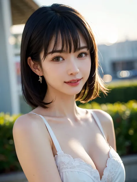 1 girl、highest quality、realistic、alone、Depth of written boundary、natural soft light、daytime、charm、beautiful face、cleanliness、pure face、white skin、cute、short hair、Bright light brown eyes:1.6、beautiful lips、bangs、beach、Light of the sun、Nedium Breast Body Esb...