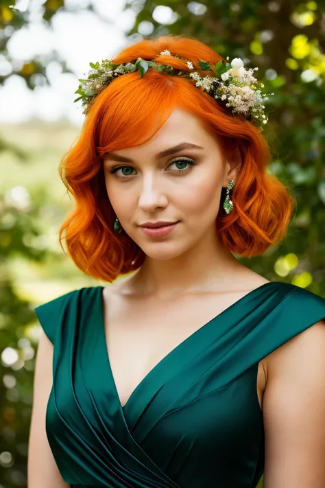 A lady with orange hair adorned with flowers, no wearing a dress inspired by "Game of Thrones," her emerald green eyes captivatingly shining in the natural light. Her orange hair (cabelo alaranjado) cascaded down her shoulders in its natural state (sin pen...