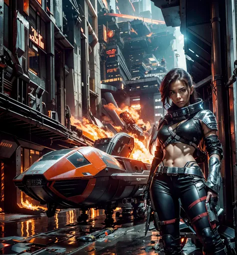 Scene:

The foreground is dominated by a breathtaking view of a cyberpunk warrior woman. Her chrome and leather armor gleams under the neon glow of the cityscape, each cybernetic enhancement a testament to her prowess. Her piercing gaze fixates on a point ...