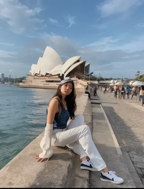 beautiful Indonesian woman aged 26 years wearing blue jeans shorts and a white top sitting on a wall near the water in front of a building, Gemma Chen, inspired by Sydney Carline, in Australia, Sydney Opera House, Lulu Chen, beautiful girl Gemma Chan, Loui...