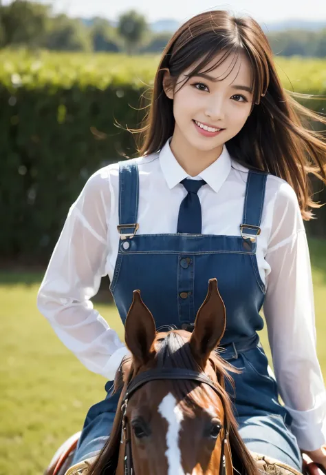 (masterpiece, best quality:1.1), (8k, raw photo, photo realistic:1.2, f22), (shiny skin), detailed skin, long hair,detailed face, detailed eyes, smile,BREAK, real world, intricate details, smil, BREAK, 1girl, (white shirt), BREAK, (horse riding:1.4), BREAK