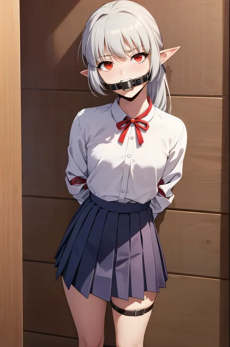 1 girl, ponytail, improvised gag, tape gag, gagged, duct tape, tape bondage, arms behind back, bound arms, shirt, skirt, blush,alice,vampire,grey hair, long hair, red eyes, pointy ears, small breasts.
