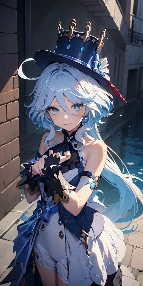 
All the intricate details: "(a girl from the video game: (Genshin Impact,
 character Furina) with a dress and a long skirt standing next to a kind of stone wall with stars, 1 girl view, long hair, (furina), alone, gloves, smile, red eyes, fingerless glove...