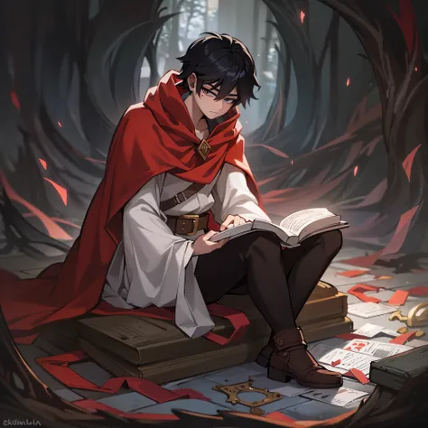 1 man , anime man with a large closed magic tome book on ground, fantasy, [crying], [legs pulled into chest],  [eyes closed], [hands wrapped around legs], short wild black hair, soft, cute, [curled into self], full body, [side view], legs pulled to chest, ...