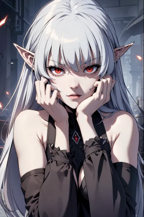 alice,vampire,grey hair, long hair, red eyes, pointy ears, small breasts, yandere trance yandere hands on own face,hands on own cheeks