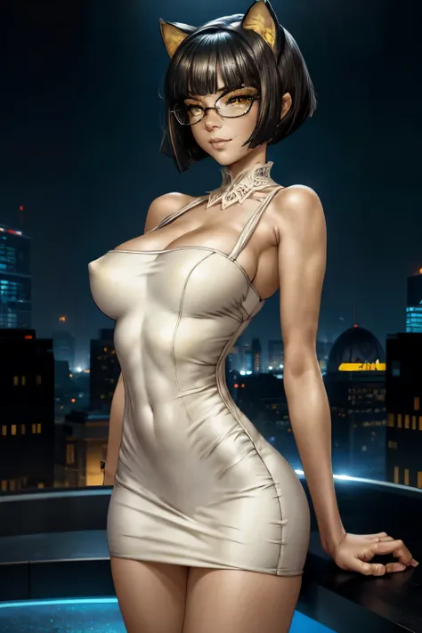 very young slim fit girl, full height, rounded face, (very short dark blue hair), (disheveled bob cut:1.3), (big yellow eyes:1.5), shy smile, perfect medium breast, band on head with fake cat ears, look at you, (ahoge:1.2), (megane:1.3), elegant tight even...