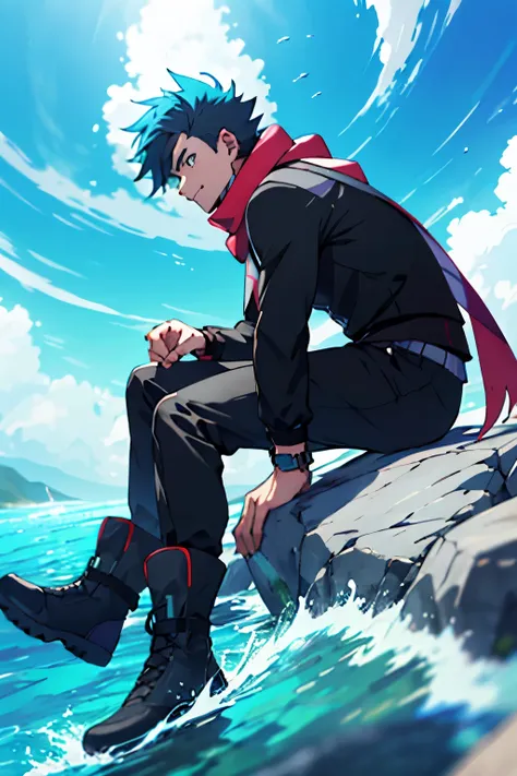 Anime boy, pokemon style, water trainer, black suit, boots, blue hair, scarf, master piece, detailed, high quality