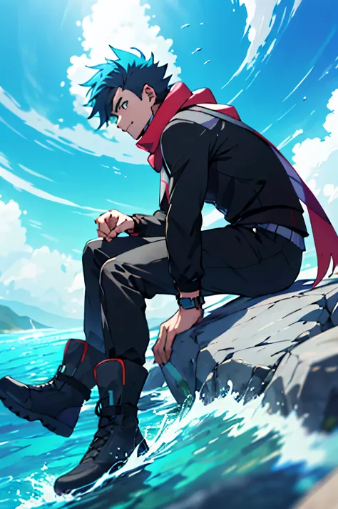 Anime boy, pokemon style, water trainer, black suit, boots, blue hair, scarf, master piece, detailed, high quality