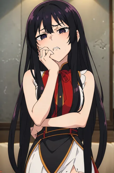 black hair, black eyes, yandere trance yandere hands on own face,hands on own cheeks,((looking disgusted)) very angry disappointed
